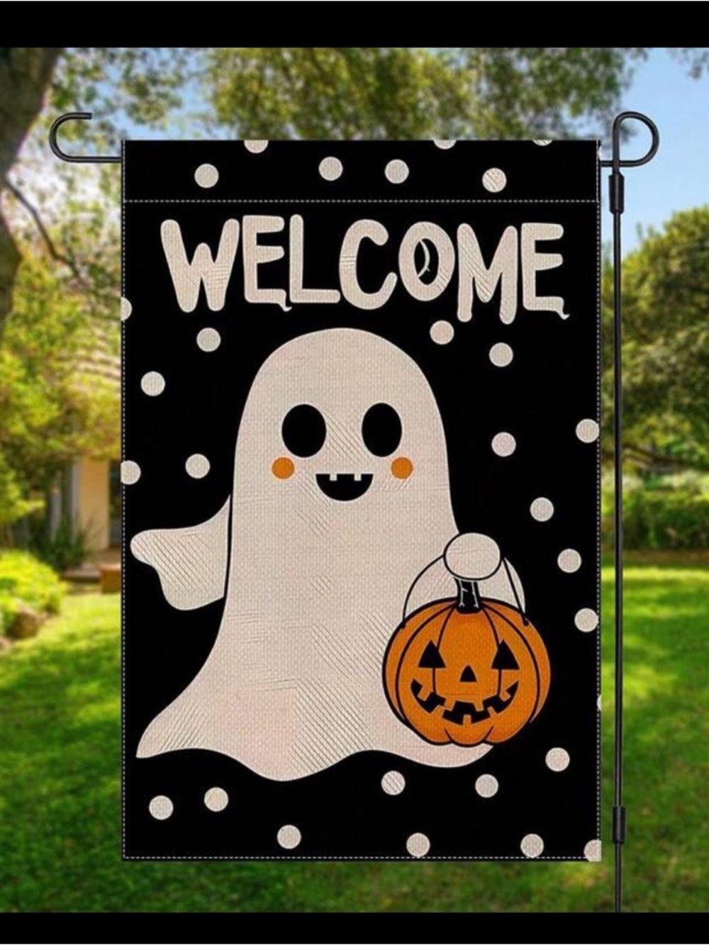 Welcome Ghost Halloween Garden Flag - Black & White with Orange Pumpkin